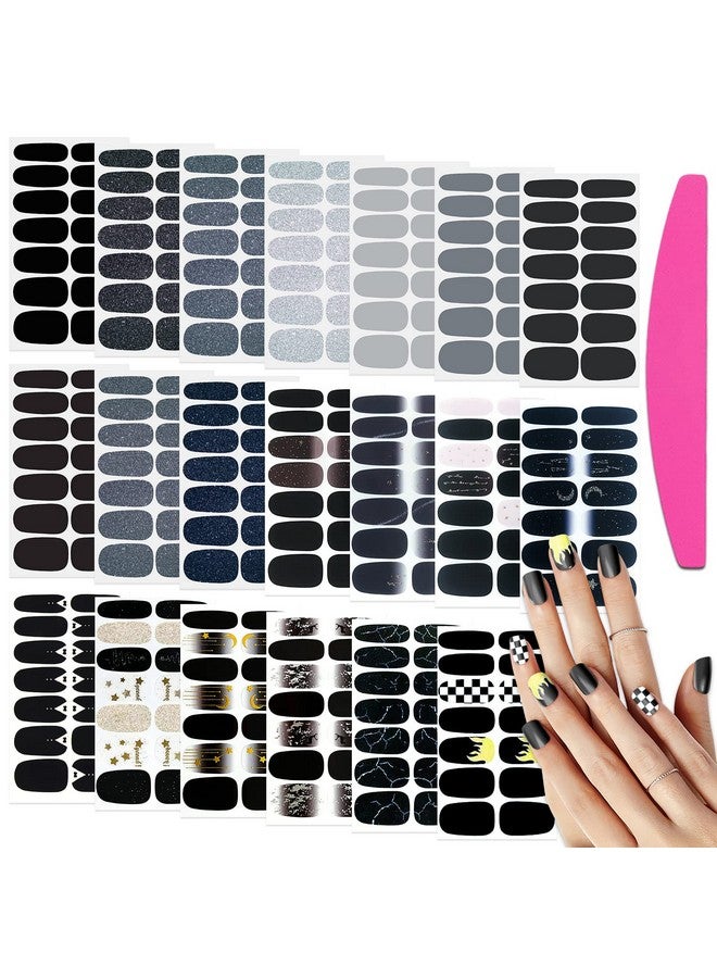 SILPECWEE 20 Sheets Black Style Nail Wraps for Women Stick on Nail Polish Strips Glitter Solid Color Self Adhesive Nail Polish Stickers Fingernail Manicure Sticker Nail Art with 1pc Nail File - Image 1