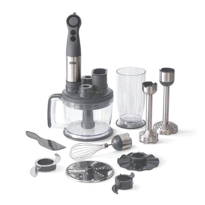 CHEF SERIES DELUXE IMMERSION HAND BLENDER 5 SPEED STICK BLENDER WITH STAINLESS STEEL BLADES DOUGH HOOKS FOOD PROCESSOR GRATE MASH SLICE WHISK ATTACHMENTS AND RECIPE GUIDE COOL GREY