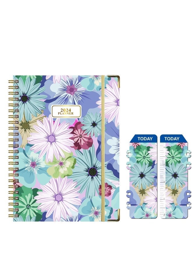 Spiral Notebook for Work, Hourly Planner from January 2024 - December 2024, Notebook Thick Paper, Bookmark, Stickers, Note Set and Inner Pocket, Elastic Closure