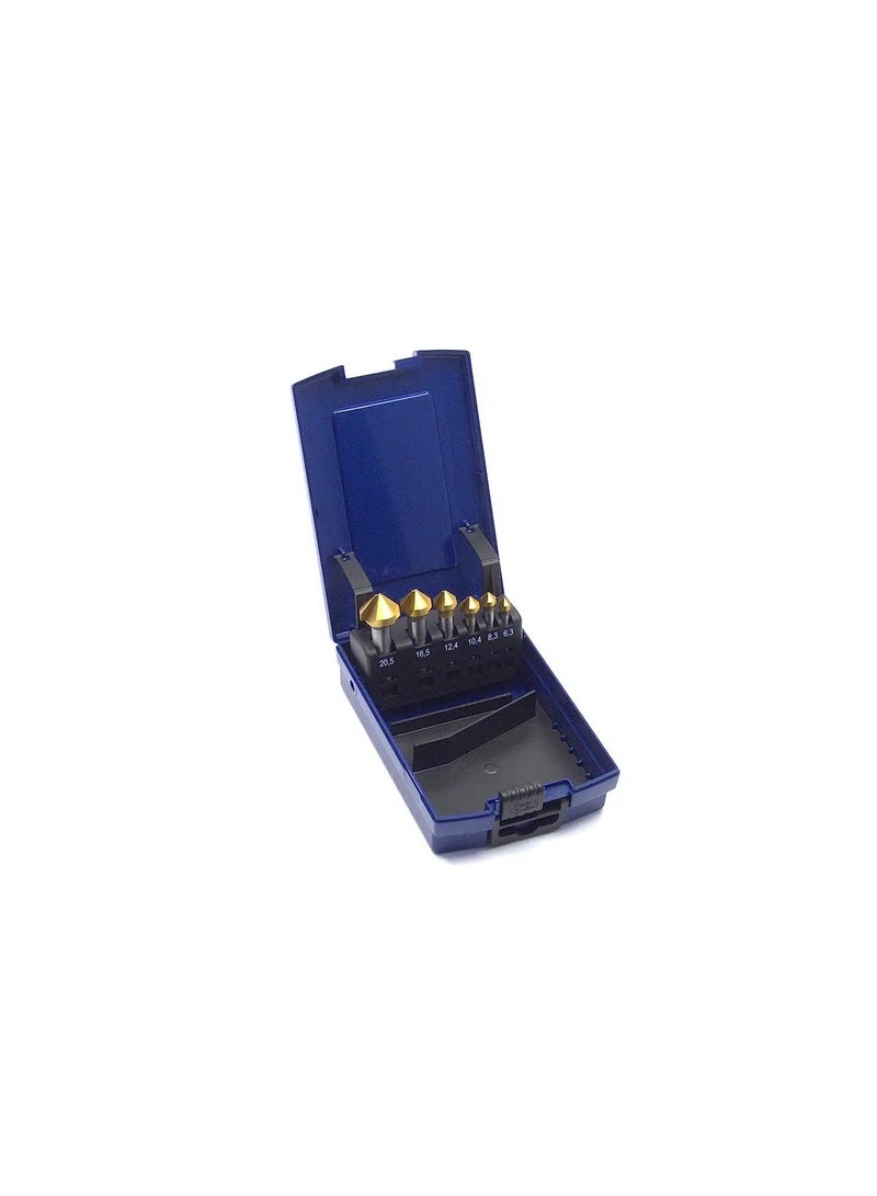 WSH-TOOLS Countersink Set 6 pieces HSS‑G 90° U‑Flute uneven pitch (chatter‑free) uncoated in plastic box - Image 1