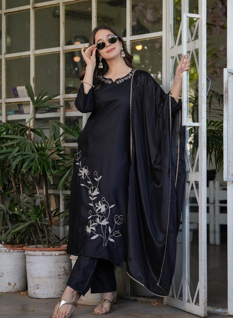 Women's Viscose Rayon Black embroidery straight kurta with pant and dupatta sets  - Image 1