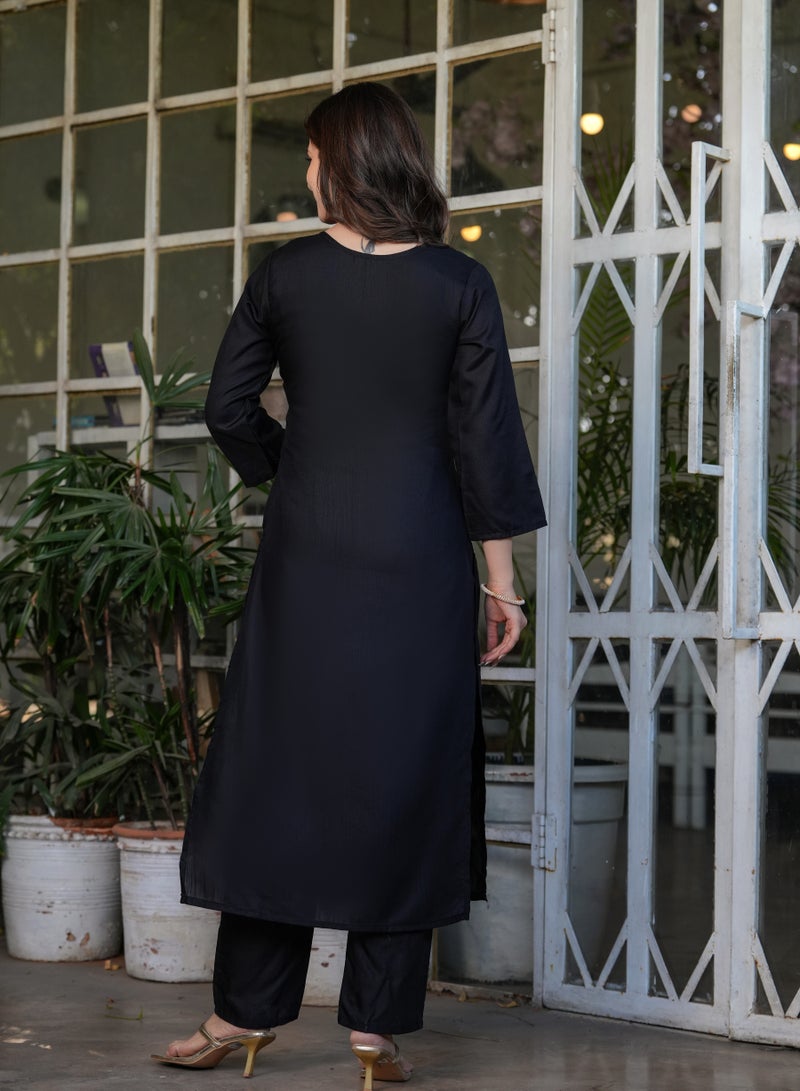 Women's Viscose Rayon Black embroidery straight kurta with pant and dupatta sets  - Image 3