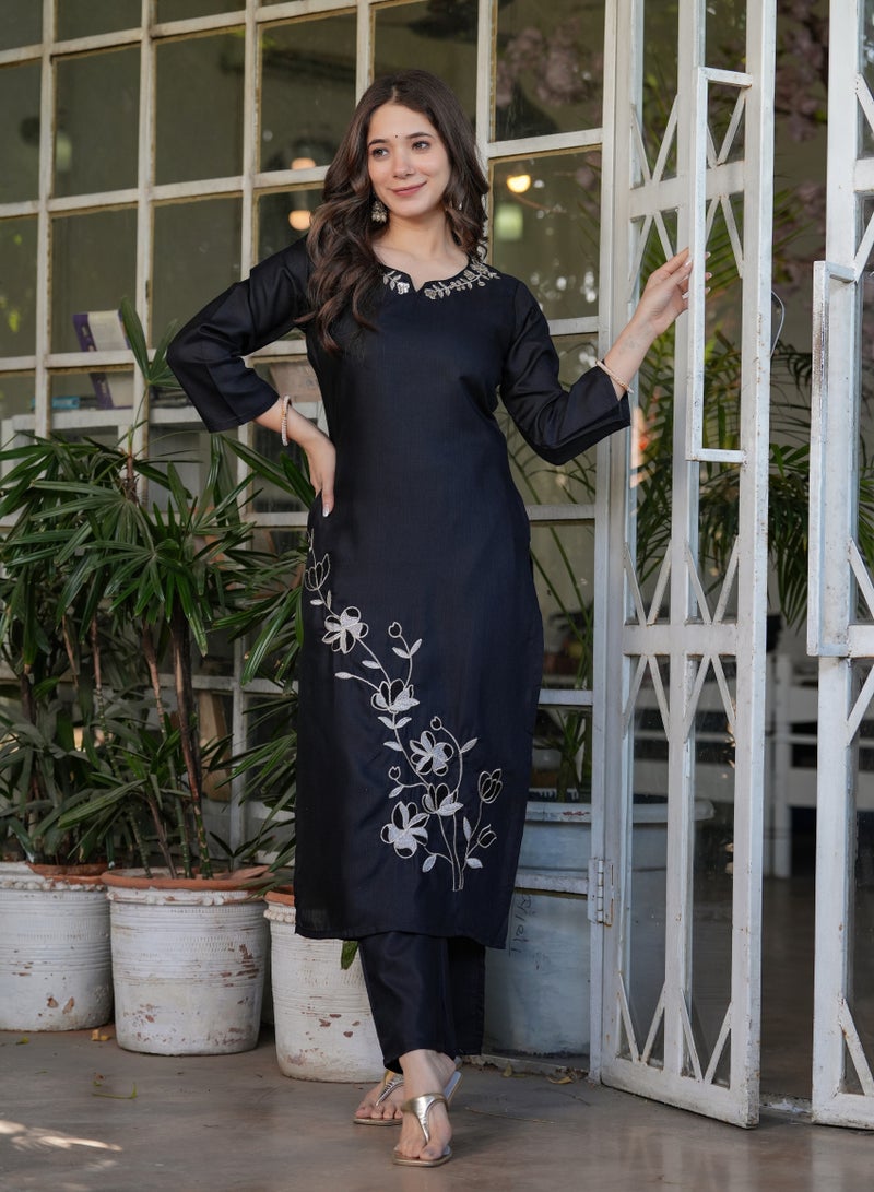 Women's Viscose Rayon Black embroidery straight kurta with pant and dupatta sets  - Image 4