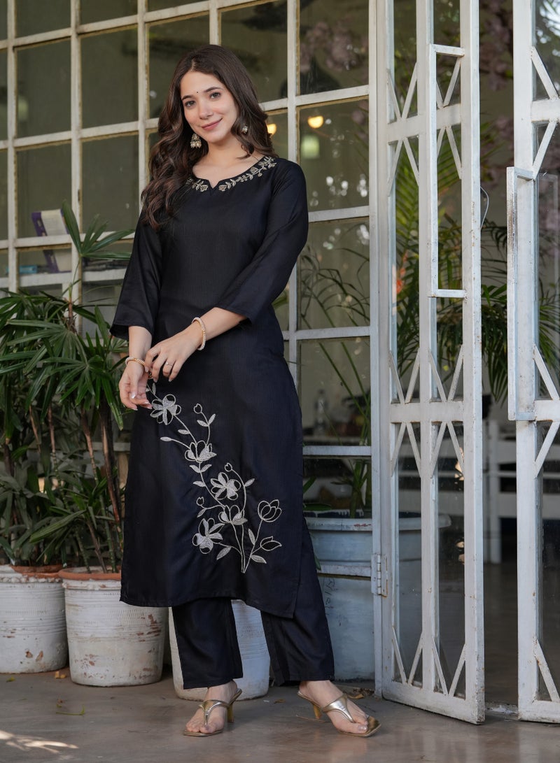 Women's Viscose Rayon Black embroidery straight kurta with pant and dupatta sets  - Image 5