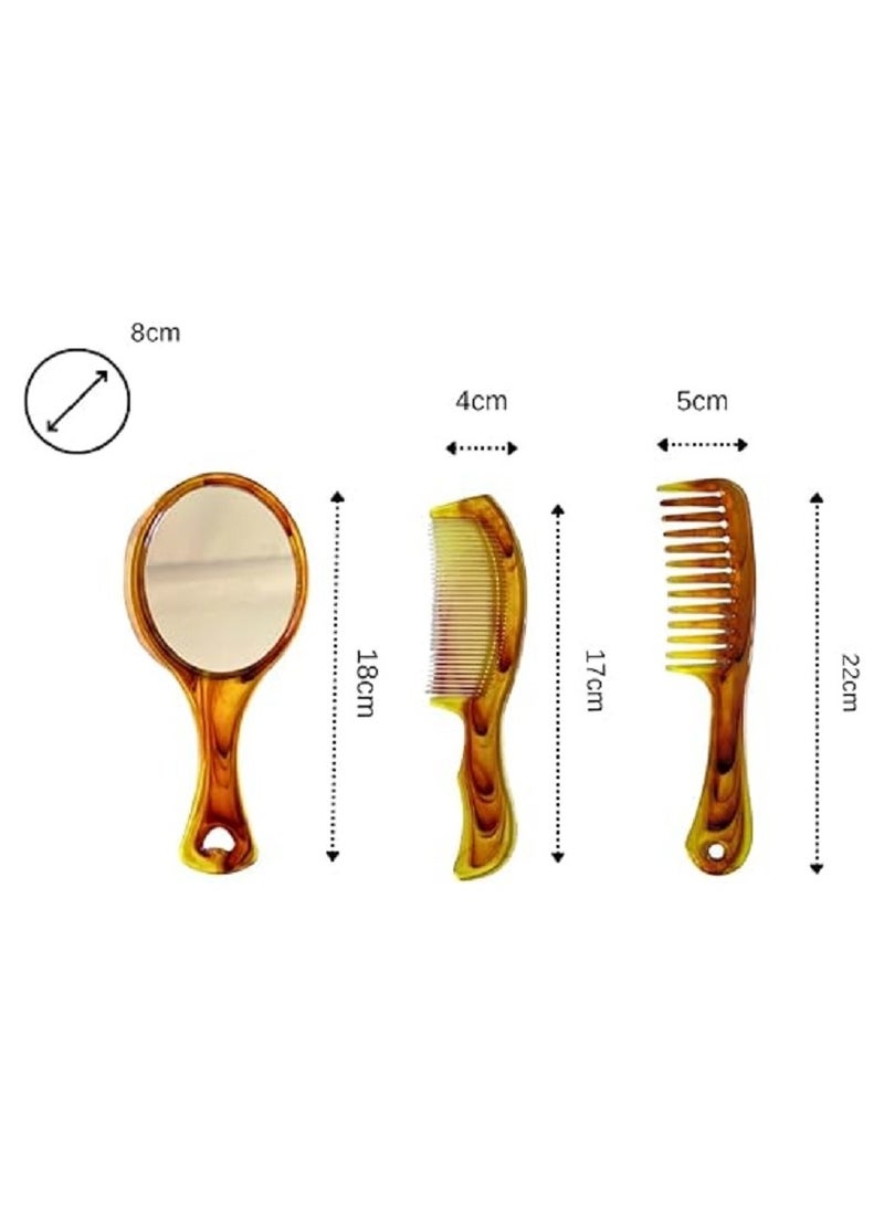 أمشاط شعر 3 قطع متنوعة الأحجام والتصميمات مع مرآة يد أنيقة باللون العسلي- طقم عملي ومتكامل لتصفيف الشعر - بسهولة وأناقة في المنزل أو أثناء السفر - Image 5