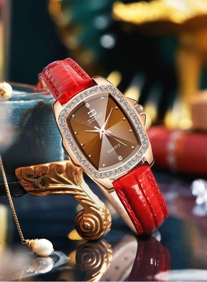 SENO European and American Retro Square Diamond-Studded Ladies Leather Strap Watch, Water Quartz Lady Watch, Stunning Leather Strap Watch, 30-Meter Water Resistance - Image 4