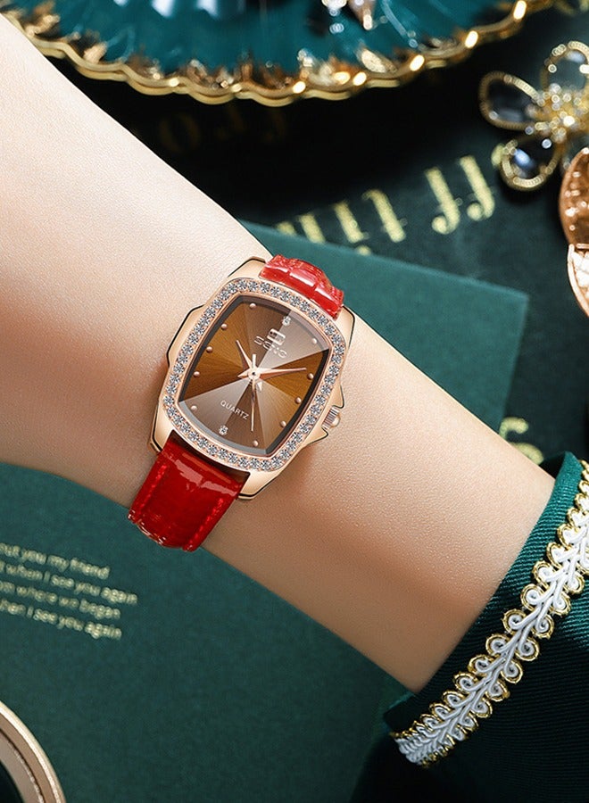 SENO European and American Retro Square Diamond-Studded Ladies Leather Strap Watch, Water Quartz Lady Watch, Stunning Leather Strap Watch, 30-Meter Water Resistance - Image 3