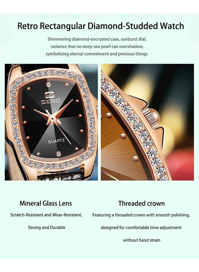 SENO European and American Retro Square Diamond-Studded Ladies Leather Strap Watch, Water Quartz Lady Watch, Stunning Leather Strap Watch, 30-Meter Water Resistance - Image 5