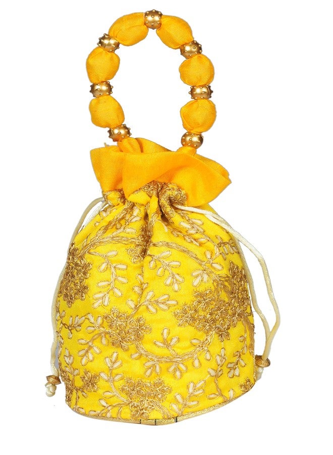 SuneshCreation Raw Silk Floral Ethnic Rajasthani Traditional Work Potli Purse with Beads Handle for Women with Zipper, Potli Bags for Return Gifts, Potli Pouches for Baby Shower (Yellow) - Image 1