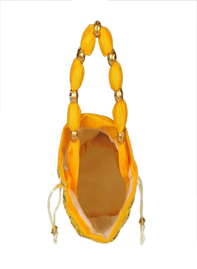 SuneshCreation Raw Silk Floral Ethnic Rajasthani Traditional Work Potli Purse with Beads Handle for Women with Zipper, Potli Bags for Return Gifts, Potli Pouches for Baby Shower (Yellow) - Image 3