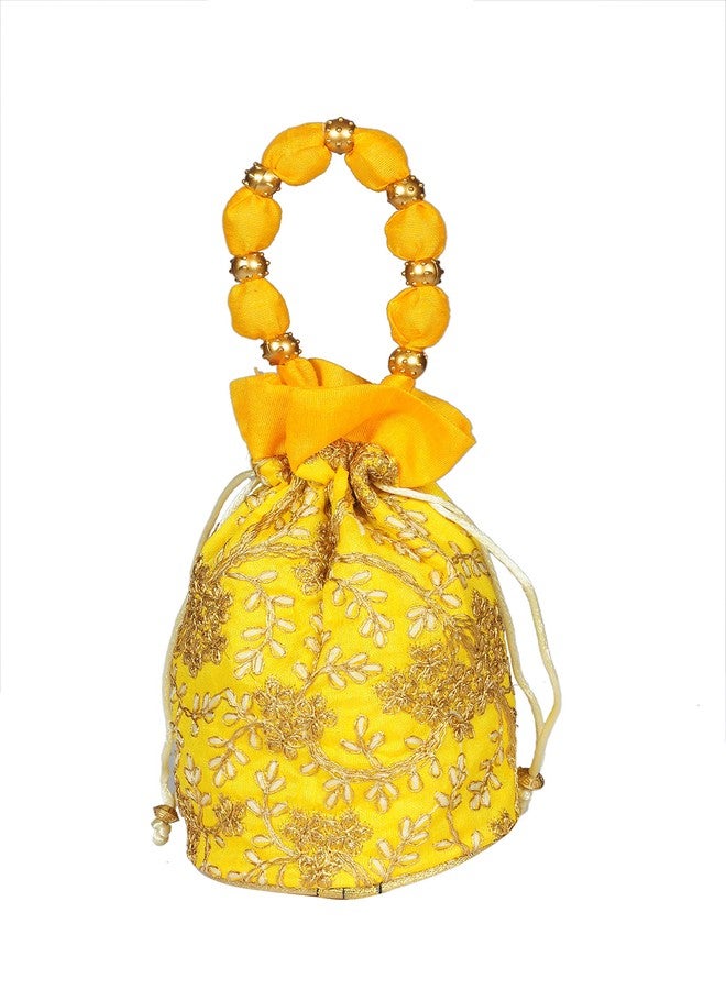 SuneshCreation Raw Silk Floral Ethnic Rajasthani Traditional Work Potli Purse with Beads Handle for Women with Zipper, Potli Bags for Return Gifts, Potli Pouches for Baby Shower (Yellow) - Image 4
