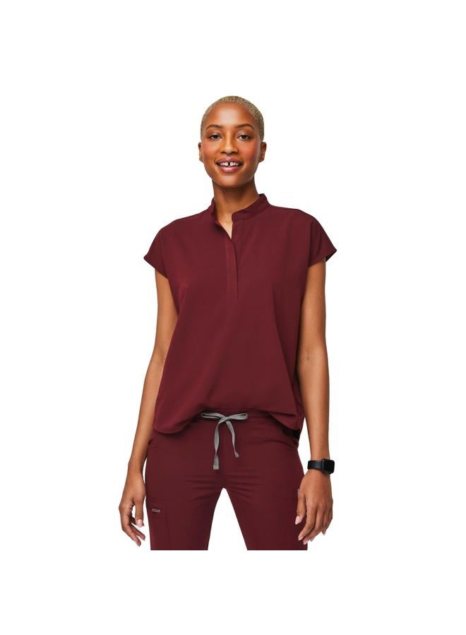 FIGS Rafaela Oversized Scrub Tops for Women — Mandarin Collar, Shirttail Hem, 3 Pockets, 4-Way Stretch, Burgundy, L - Image 1