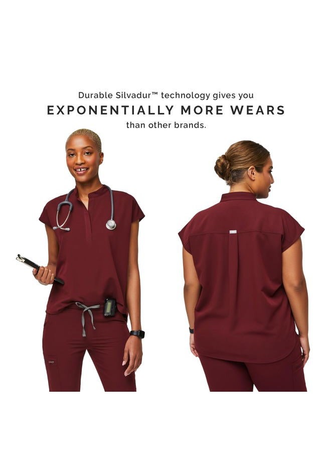 FIGS Rafaela Oversized Scrub Tops for Women — Mandarin Collar, Shirttail Hem, 3 Pockets, 4-Way Stretch, Burgundy, L - Image 5