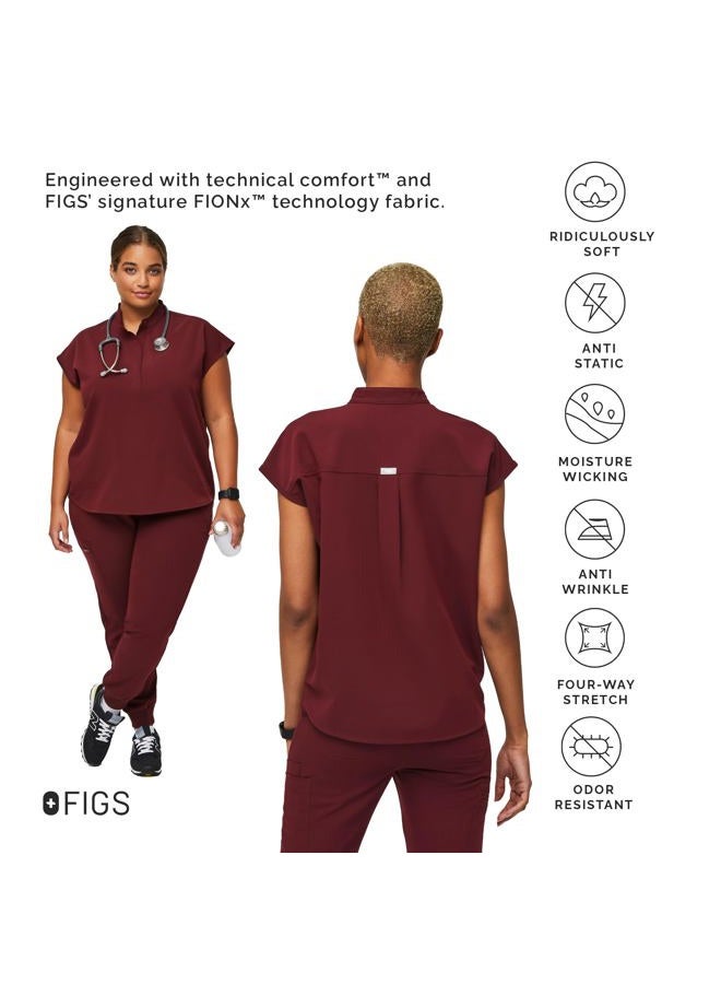 FIGS Rafaela Oversized Scrub Tops for Women — Mandarin Collar, Shirttail Hem, 3 Pockets, 4-Way Stretch, Burgundy, L - Image 4