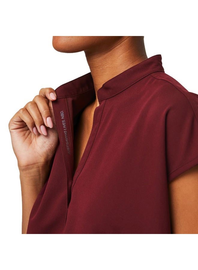 FIGS Rafaela Oversized Scrub Tops for Women — Mandarin Collar, Shirttail Hem, 3 Pockets, 4-Way Stretch, Burgundy, L - Image 2