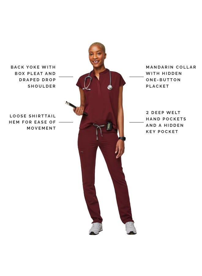 FIGS Rafaela Oversized Scrub Tops for Women — Mandarin Collar, Shirttail Hem, 3 Pockets, 4-Way Stretch, Burgundy, L - Image 3
