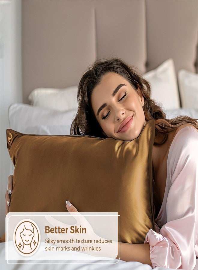 Pure Bedding عبوة من قطعتين من أغطية الوسائد الساتان - مقاس كوين (20 بوصة × 30 بوصة، لون قهوة) - أغطية وسائد حريرية ناعمة على الشعر والبشرة - أغطية وسائد ساتان بإغلاق ظرفي - ألياف دقيقة فاخرة فائقة النعومة - Image 2