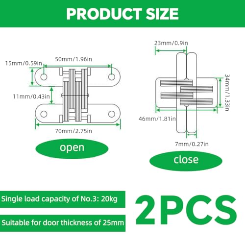 Serplex® 2Pcs Hidden Door Hinges for 25mm Thickness Door, Invisible Quiet Cabinet Hinges, Heavy-Duty Alloy Steel Concealed Hinges for Large Doors, Supports 20KG, 0.59'' Leaf Width, 2.75" Leaf Hight - Image 2
