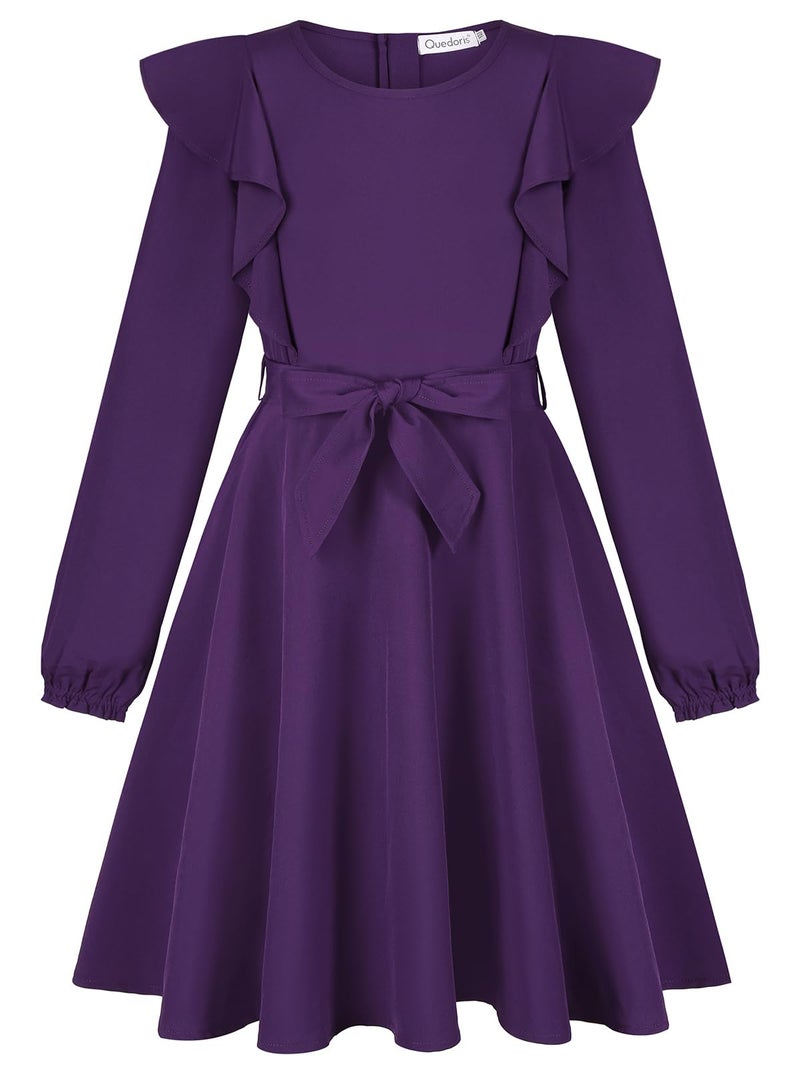 Quedoris Girls Ruffle Trim Long Sleeve Belted Dress with Zipper Dark Purple Fall 150Y - Image 3