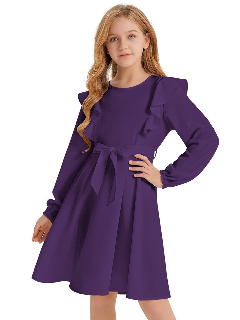 Quedoris Girls Ruffle Trim Long Sleeve Belted Dress with Zipper Dark Purple Fall 150Y - Image 1