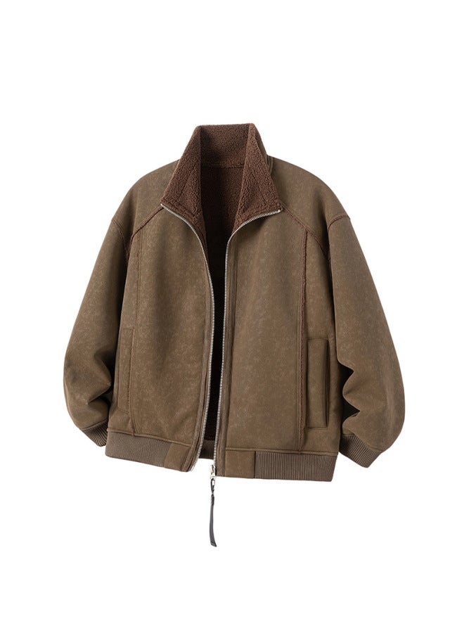 Men's Maillard Retro Stand Collar Cotton Jacket For Men And Women, Lamb Fur Integrated Stylish Cotton Coat