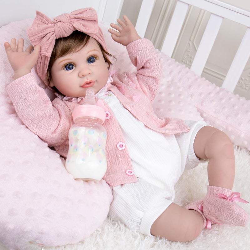 Aori Realistic Reborn Baby Dolls  22 Inch Lifelike Baby Girl with Feeding Bottle  Pacifier Weighted Cloth Body for TruetoLife Feel Gift for Kids Ages 3 - Image 3