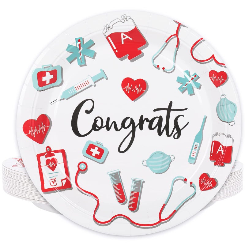 Whaline Nurse Graduation Paper Plates 9 Inch Congrats Round Disposable Plates Nurse Party Decorative Tableware for Nursing School Graduation Party Supplies Table Decorations 40Pcs