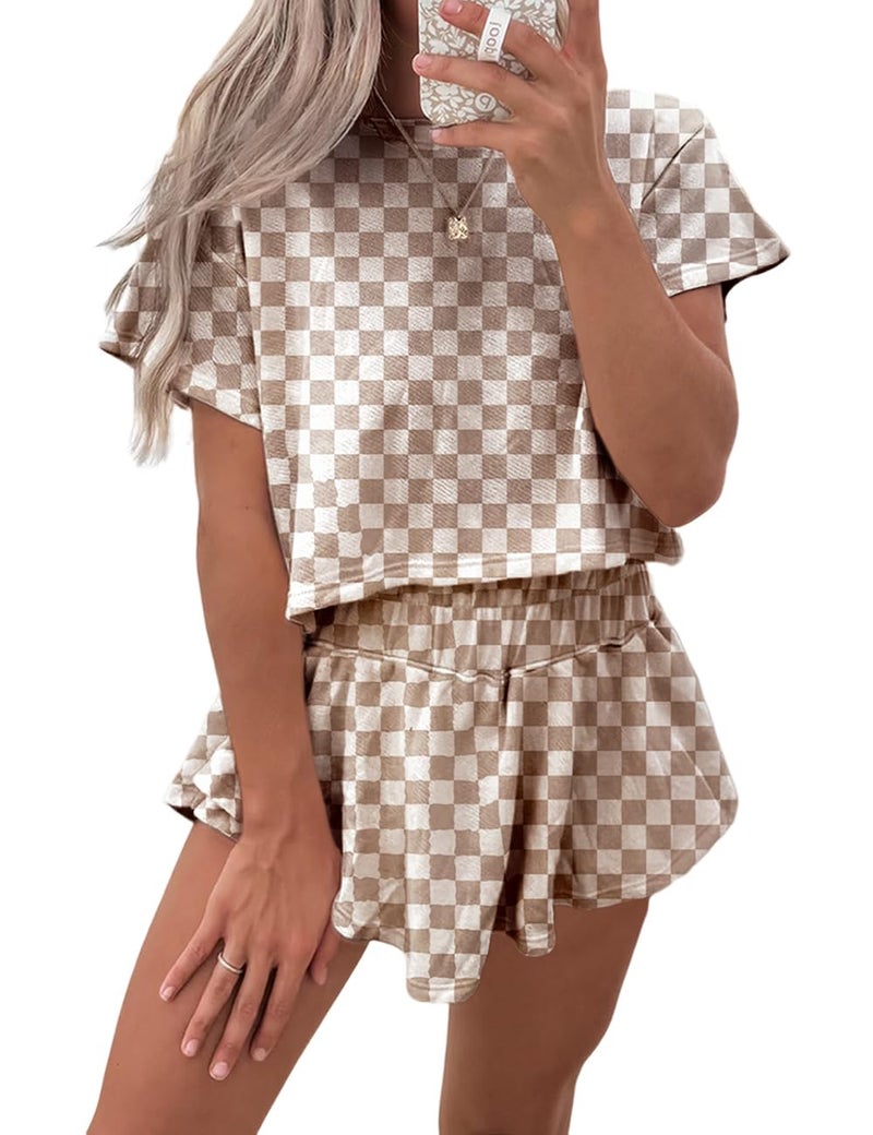 Ecosunny Women's Summer two Piece Sets Sweatsuits Casual Cropped Tee and Skort Set Matching Trendy Lounge Outfits Brown M
