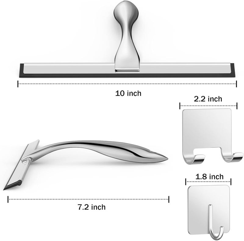 Docrok All-Purpose Stainless Steel Shower Squeegee for Shower Glass Door with 2 Adhesive Hooks, Bathroom Cleaner Tool Household Window Mirror Squeegee, Cleaning Tile Wall, Car, 10 Inch Silver - Image 2