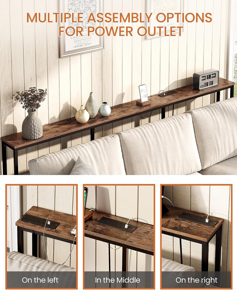 CHOEZON 200 cm Narrow Console Table with Power Outlet, 18 cm Skinny Sofa Table, Long Behind Couch Table with Charging Station, for Entryway, Hallway, Living Room, Rustic Brown and Black DTXG20KBF - Image 4