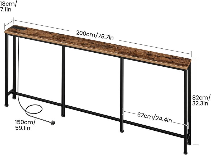 CHOEZON 200 cm Narrow Console Table with Power Outlet, 18 cm Skinny Sofa Table, Long Behind Couch Table with Charging Station, for Entryway, Hallway, Living Room, Rustic Brown and Black DTXG20KBF - Image 3