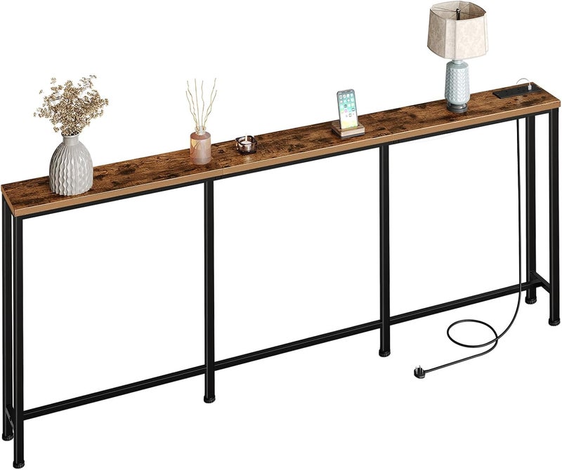 CHOEZON 200 cm Narrow Console Table with Power Outlet, 18 cm Skinny Sofa Table, Long Behind Couch Table with Charging Station, for Entryway, Hallway, Living Room, Rustic Brown and Black DTXG20KBF - Image 1