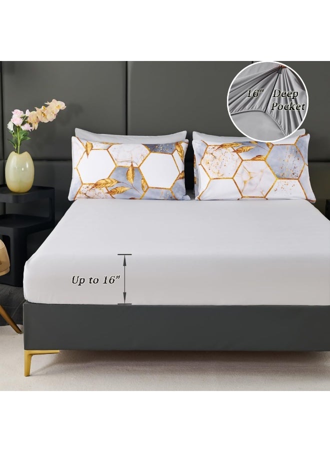 Generic - ZRNBAST Light Grey Honeycomb King Size Comforter Set-7 Piece Bedding Set Marble Hexagon All Season Modern King Bed in A Bag with Sheets with Gold Trim Print (White, King) - Image 1