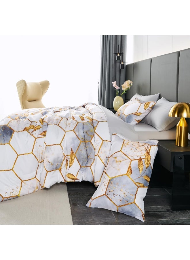 Generic - ZRNBAST Light Grey Honeycomb King Size Comforter Set-7 Piece Bedding Set Marble Hexagon All Season Modern King Bed in A Bag with Sheets with Gold Trim Print (White, King) - Image 1