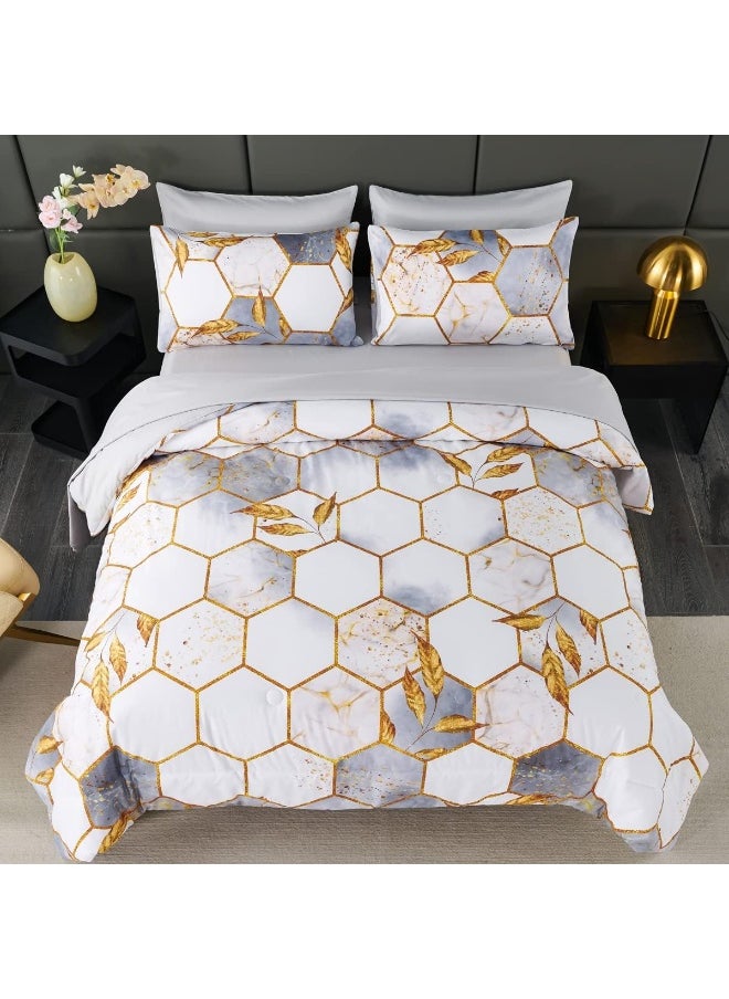 Generic - ZRNBAST Light Grey Honeycomb King Size Comforter Set-7 Piece Bedding Set Marble Hexagon All Season Modern King Bed in A Bag with Sheets with Gold Trim Print (White, King) - Image 1