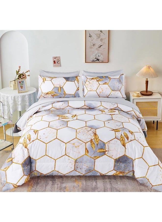 Generic ZRNBAST Light Grey Honeycomb King Size Comforter Set-7 Piece Bedding Set Marble Hexagon All Season Modern King Bed in A Bag with Sheets with Gold Trim Print (White, King)  - Image 1