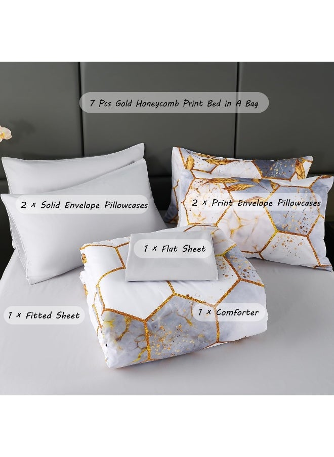 Generic ZRNBAST Light Grey Honeycomb King Size Comforter Set-7 Piece Bedding Set Marble Hexagon All Season Modern King Bed in A Bag with Sheets with Gold Trim Print (White, King)  - Image 3