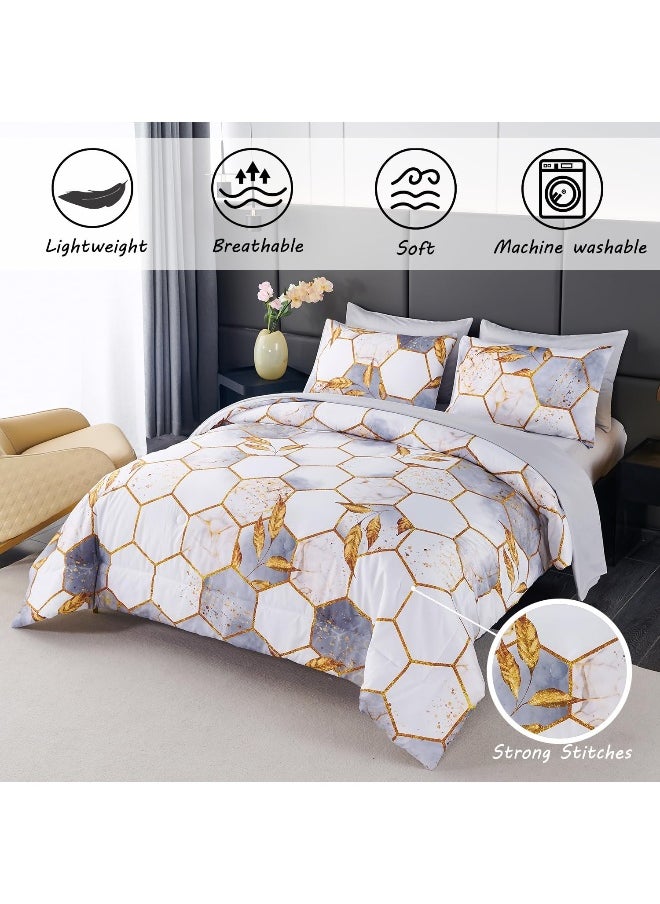 Generic ZRNBAST Light Grey Honeycomb King Size Comforter Set-7 Piece Bedding Set Marble Hexagon All Season Modern King Bed in A Bag with Sheets with Gold Trim Print (White, King)  - Image 2
