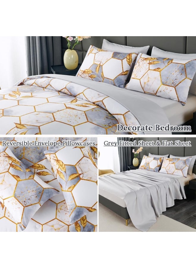 Generic ZRNBAST Light Grey Honeycomb King Size Comforter Set-7 Piece Bedding Set Marble Hexagon All Season Modern King Bed in A Bag with Sheets with Gold Trim Print (White, King)  - Image 4