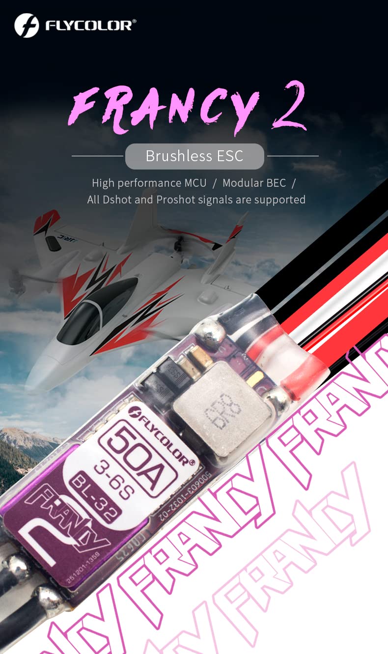 FLYCOLOR Francy2 50A Brushless ESC Speed Controller Support 3-6S BEC 5V/3A BL32 Dshot with XT60 & 3.5mm Bullet Plugs for RC Airplane P5B Sailplane - Image 3