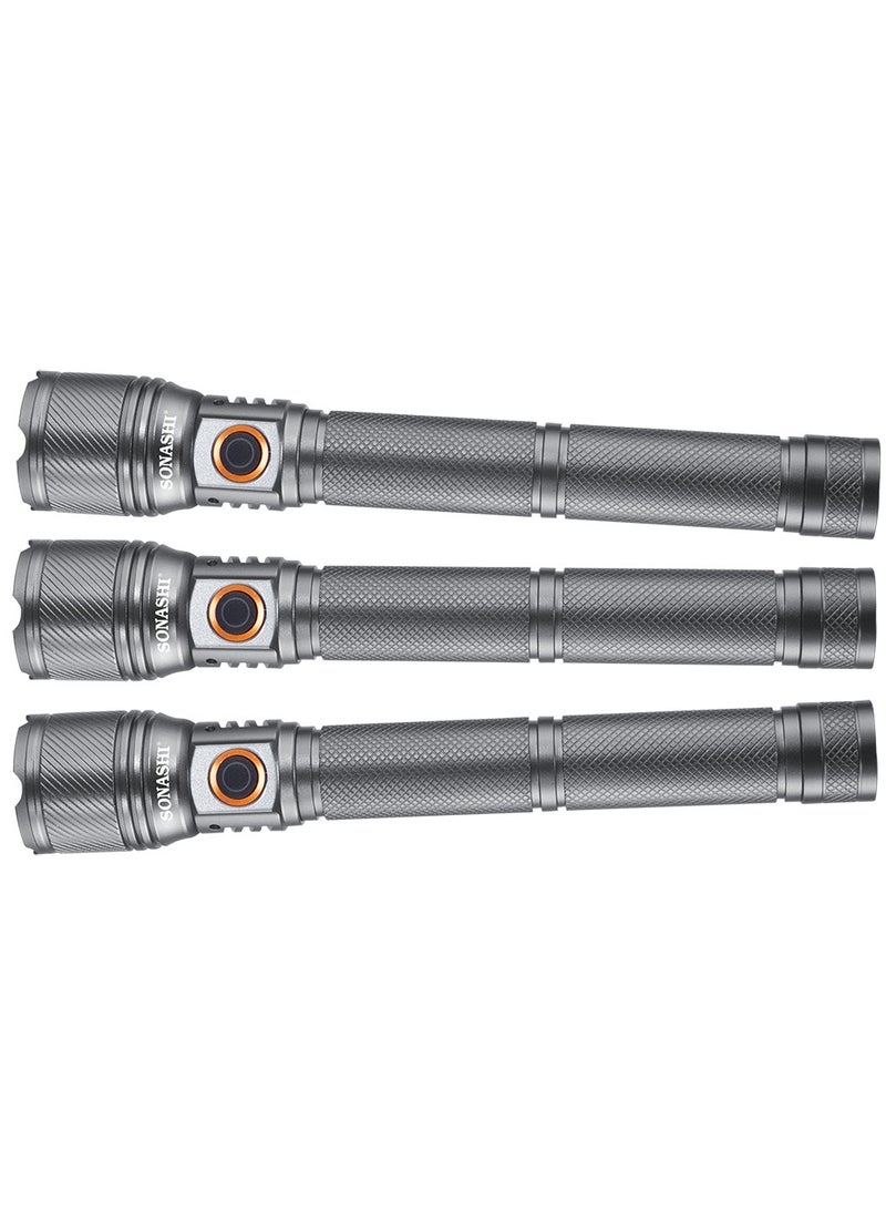 SONASHI Rechargeable LED Torch with Zoom Function | 6000mAh Battery with Type-C Charging | 1000 Meters Long Coverage | Hyper Bright 15-Watt Laser LED with 2 Hours Continuous Working | LED Flashlight for Camping & Hiking | SLT-3911Z Grey (Pack of 3)  - Image 1