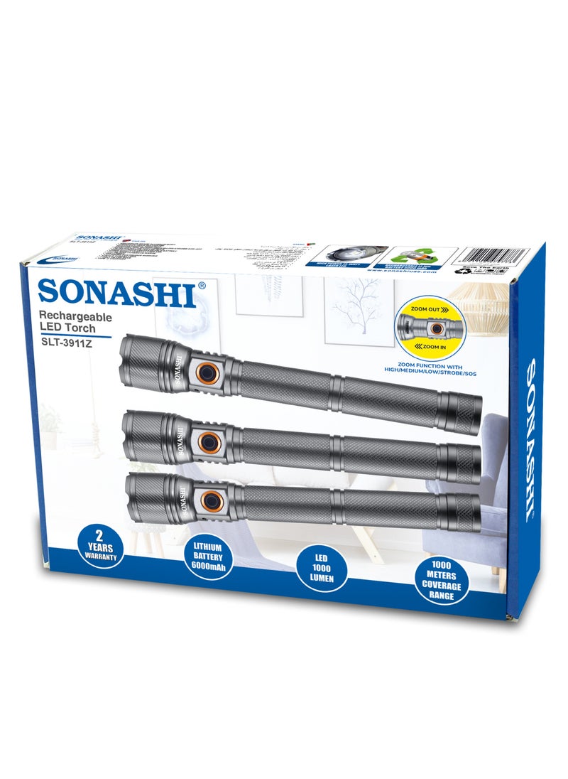 SONASHI - Rechargeable LED Torch with Zoom Function | 6000mAh Battery with Type-C Charging | 1000 Meters Long Coverage | Hyper Bright 15-Watt Laser LED with 2 Hours Continuous Working | LED Flashlight for Camping & Hiking | SLT-3911Z Grey (Pack of 3) - Image 1