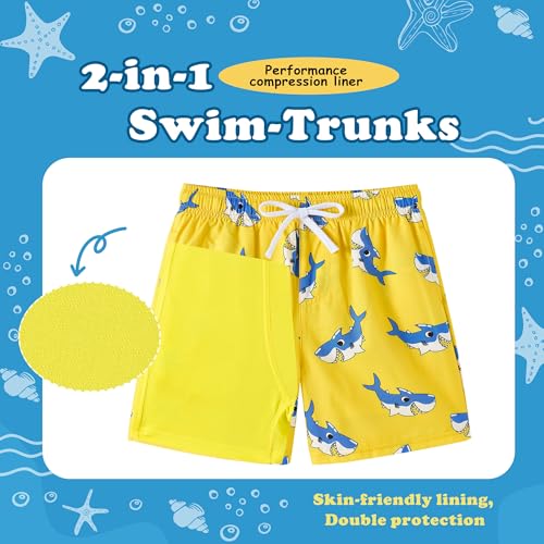 UMELOK Boys Swim Trunks Swimsuit Compression Liner Stretch Swim Shorts Boxer Brief 2 in 1 Quick Dry Swimming Trunks Beach Shorts Yellow Shark 7 - Image 2