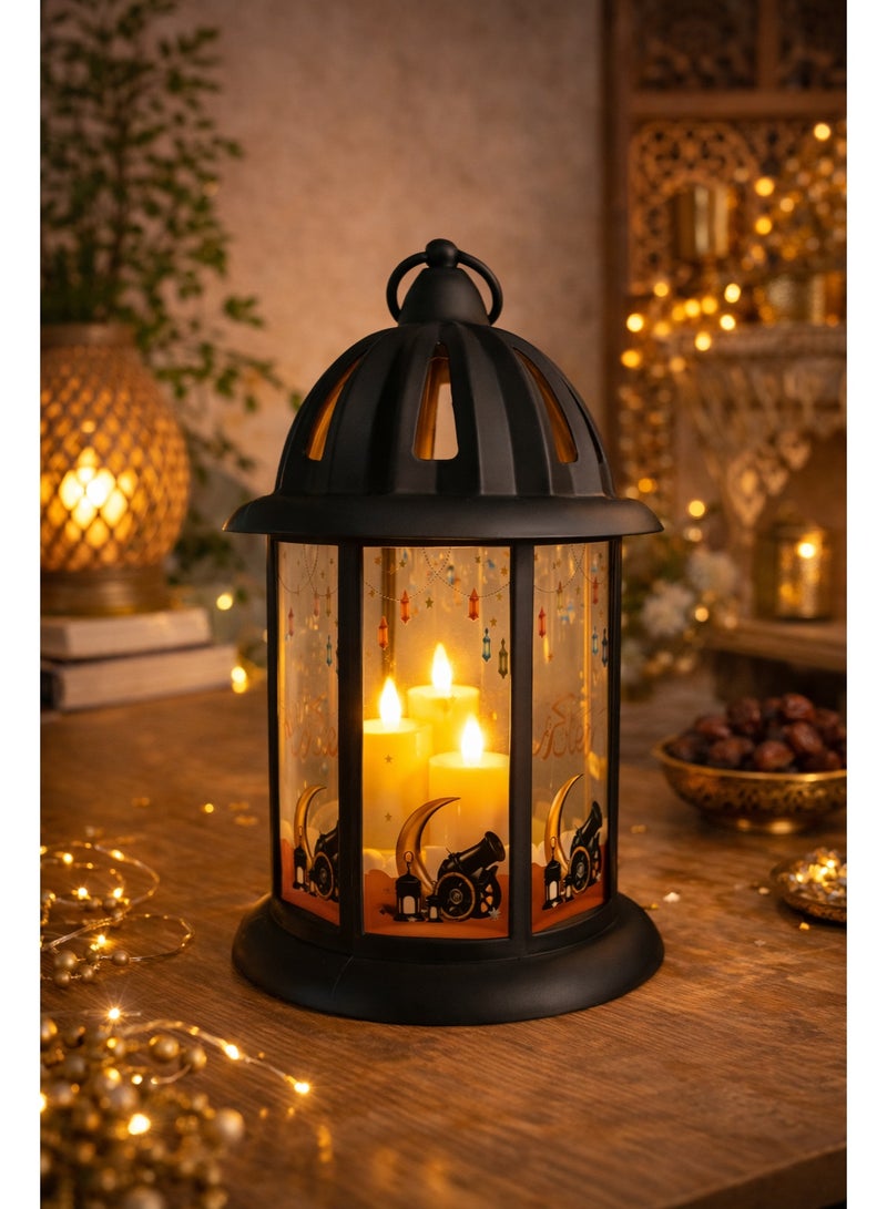 فانوس رمضان صوت ونور أسود حجم كبير – ديكور رف أو تعليق – أكريليك بزجاج منقوش – يعمل بالبطاريات أو بسلك قابل للتعديل – موديل K06-123 - Image 1