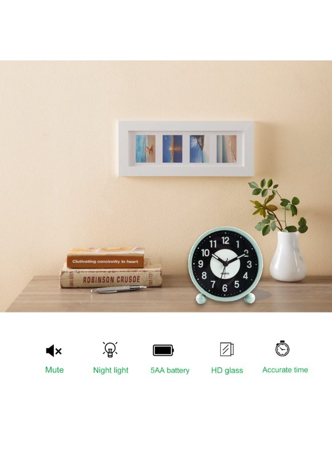 Bukela Clock Luminous 4 "Round Silent Analog Table Clock Non-Ticking, Battery Operated with Loud Alarm and Night Light Small Desk Clock for Bedroom, Bedside Table Green - Image 2