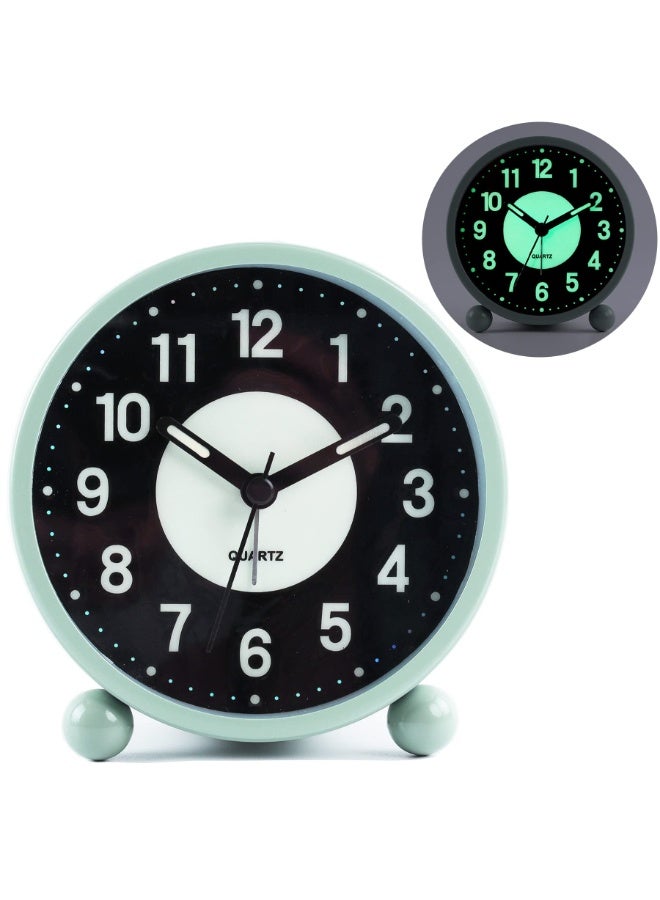 Bukela Clock Luminous 4 "Round Silent Analog Table Clock Non-Ticking, Battery Operated with Loud Alarm and Night Light Small Desk Clock for Bedroom, Bedside Table Green - Image 1