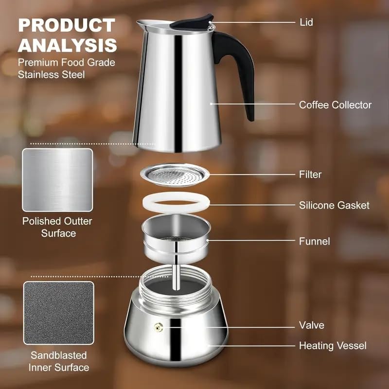 LEKORED Stainless Steel Espresso Coffee Maker Premium Grade Portable Induction Base Percolator Moka Pot Italian Coffee Maker Moka Pot For Coffee 6 Cups 360ml - Image 3