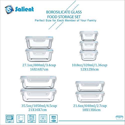 S SALIENT 18 Piece Glass Food Storage Containers with Lids, Glass Meal Prep Containers, food storage Containers for Food Storage with Lids, BPA Free & Leak Proof (9 lids & 9 Containers) - Image 2