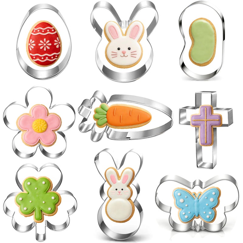 LUBTOSMN 9-Piece Mini Easter Cookie Cutter Set, Shamrock, Bunny, Egg, Carrot, Flower, Butterfly and Bean Shapes - Dishwasher Safe Stainless Steel Molds for Spring Easter and St. Patrick's Day Decor - Image 1