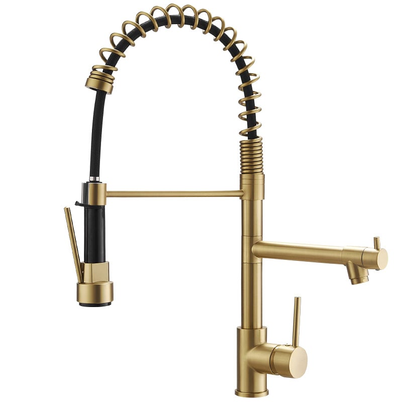 AIMADI Brushed Gold Kitchen Faucet with Pull Down Sprayer, AIMADI Commercial Gold Kitchen Sink Faucet Single Handle Spring Two Nozzles Faucets - Image 1